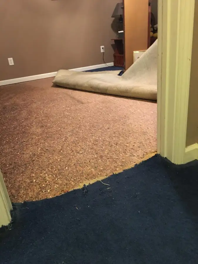 Carpet pad removal revealing water damage during Water Mitigation Services in Safford